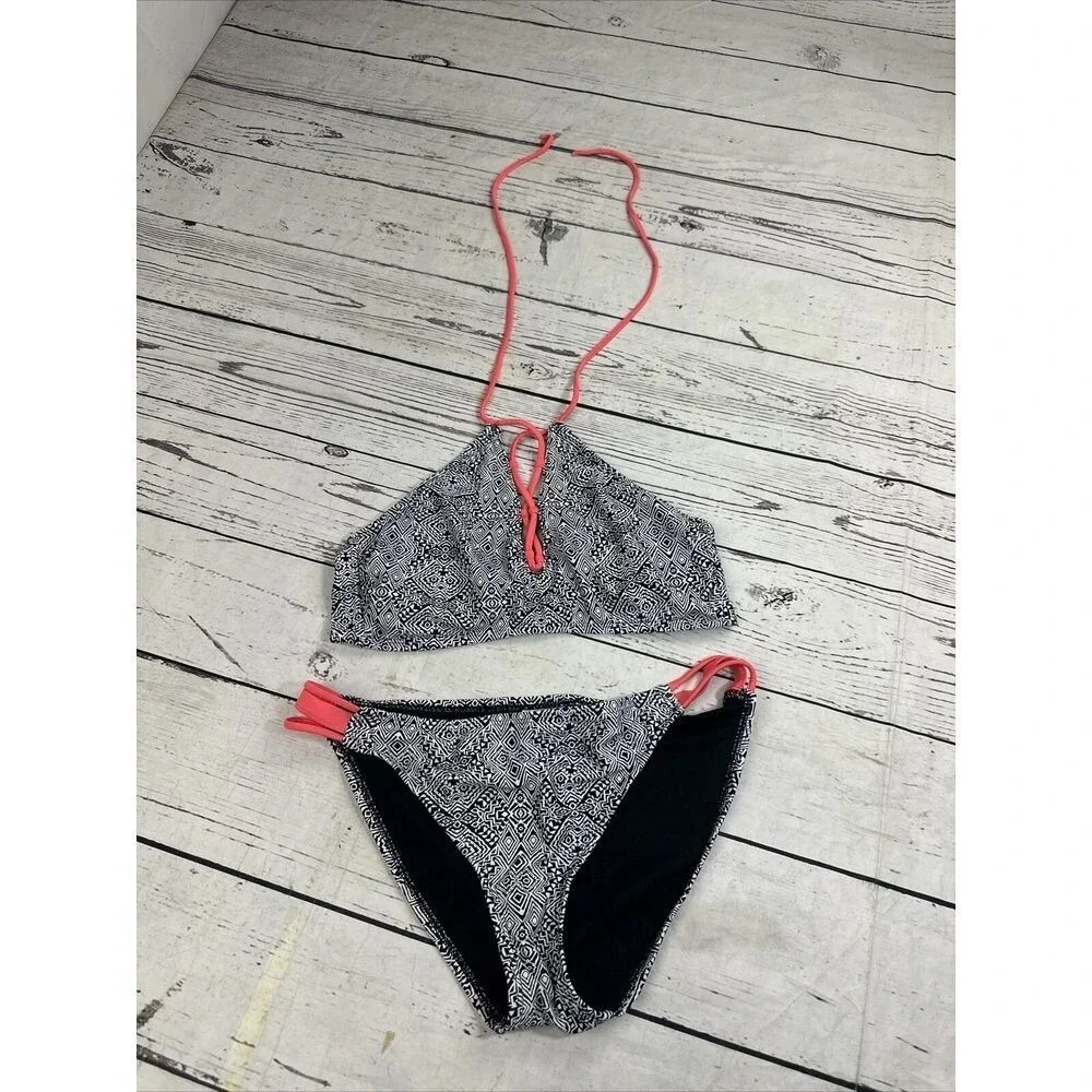 O'Rageous Womens Geometric Tribal Print Bikini Set Black White Coral Pink Large
